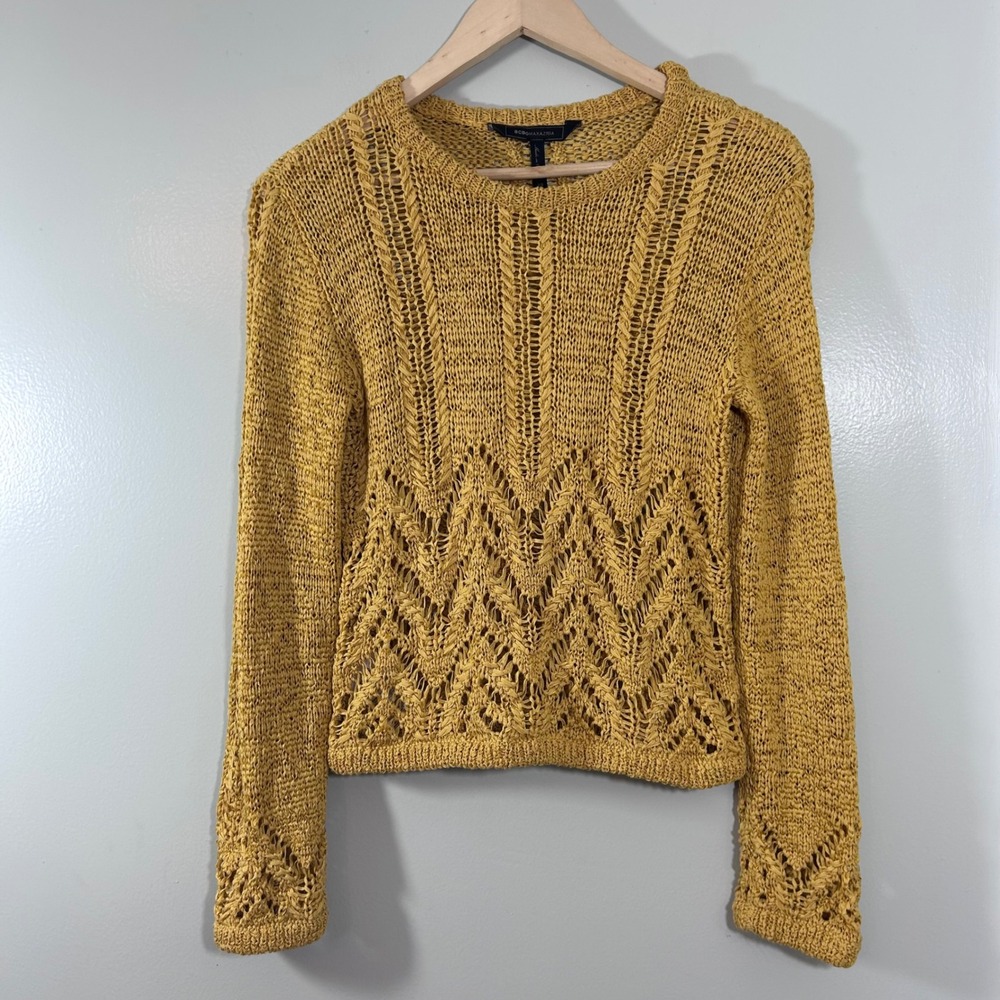 BCBGMAXAZRIA Mustard Yellow Pointelle Chevron Knit Sweater XS Long Sleeve